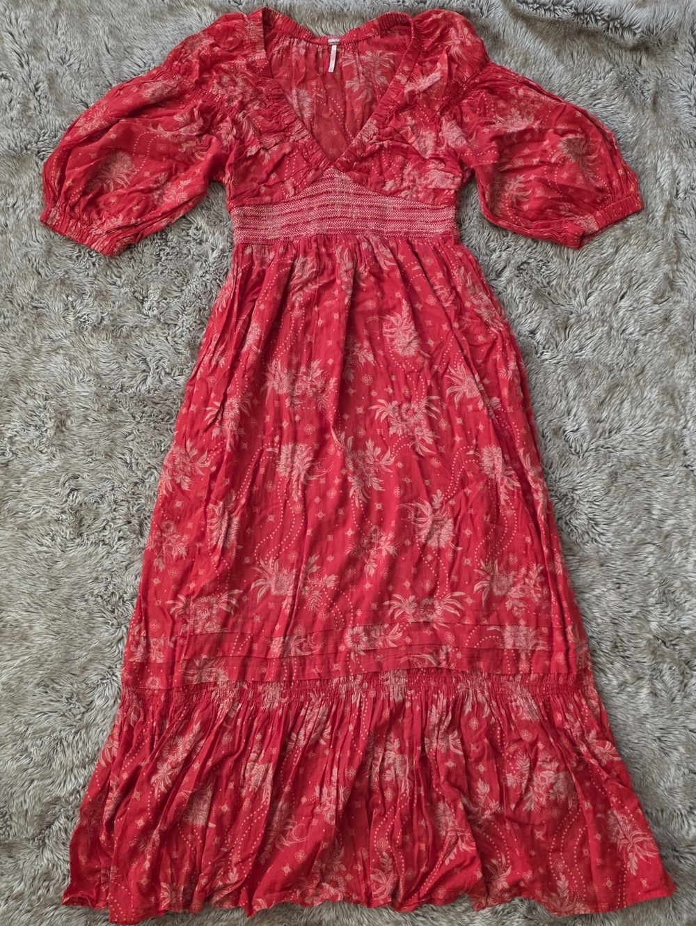 Free People Golden Hour Maxi Dress Red Motif Floral Half Sleeve V-neck Women's - Picture 2 of 14